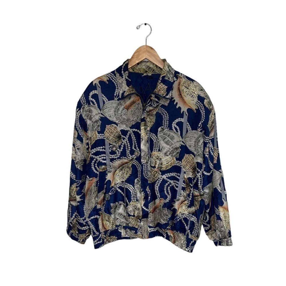 coAco Vintage Silk Navy Seashell Print‎ Bomber Jacket Women’s Large